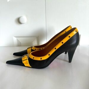 R&RENZI Black/Yellow Leather Pumps 7/37 EUC